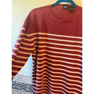 Boss by Hugo Boss Cranberry Red Beige Stripe Cotton Men's Sweater SZ 42 Italy